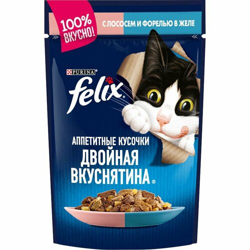 Felix двойная вкуснятина влажный корм для кошек в желе с лососем и форелью 75г х 78шт фото