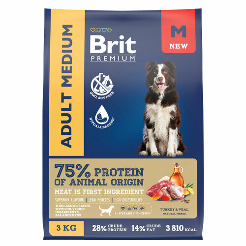 Brit Premium Dog Adult Medium сухой корм для взрослых собак средних пород (10-25 кг), с индейкой и телятиной - 3 кг фото