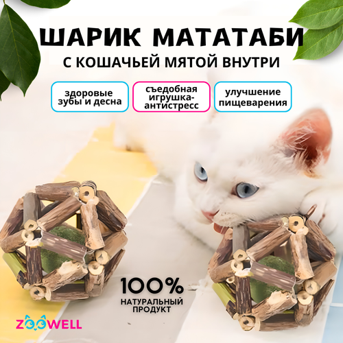 Игрушка для кошек ZooWell шар из палочек Мататаби Actinidia polygama для чистки зубов с кошачьей мятой 6см фото