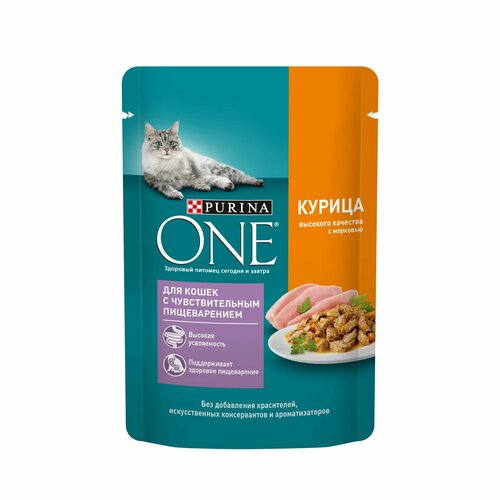 Purina ONE 75 г пауч влажный корм для кошек с чувствительным пищеварением, с курицей и морковью 78 шт фото