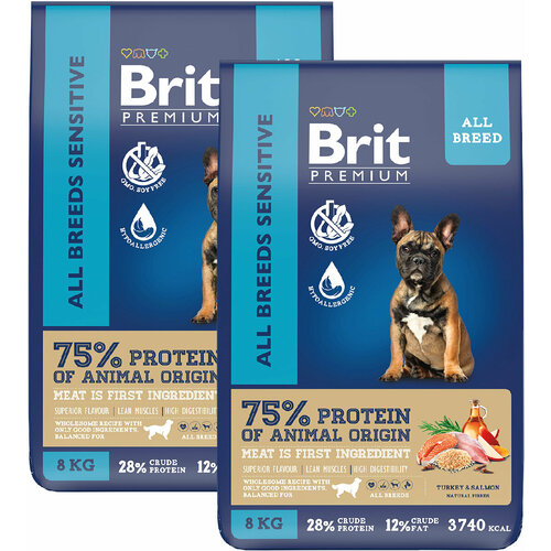 BRIT PREMIUM DOG ADULT SENSITIVE для взрослых собак всех пород с чувствительным пищеварением с лососем и индейкой (8 + 8 кг) фото