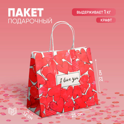 Пакет подарочный крафтовый «I love you», 22 × 25 × 12 см фото