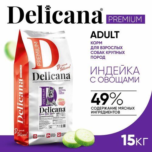 Delicana Корм сухой для собак крупных пород Индейка с овощами, 15 кг фото