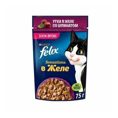 Felix Sensations 75 г пауч влажный корм для кошек, с уткой в желе со шпинатом 78 шт фото