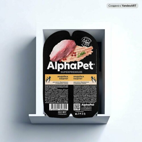 Влажный корм для котят, беременных и кормящих кошек AlphaPet Superpremium, с индейкой, паштет, 80 г фото