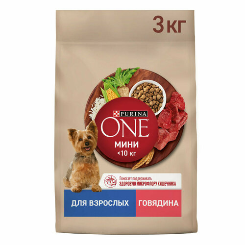 Purina One Мини сухой корм для взрослых собак мелких пород, с высоким содержанием говядины и рисом - 3 кг фото