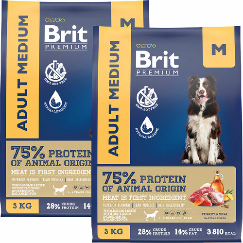 BRIT PREMIUM DOG ADULT MEDIUM для взрослых собак средних пород с индейкой и телятиной (3 + 3 кг) фото