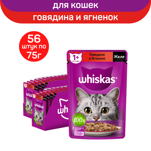 Влажный полнорационный корм Whiskas для взрослых кошек, желе с говядиной и ягненком, 75г. х 56шт. фото