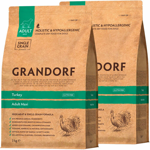 GRANDORF SINGLE GRAIN DOG ADULT MAXI TURKEY низкозерновой для взрослых собак крупных пород с индейкой (3 + 3 кг) фото