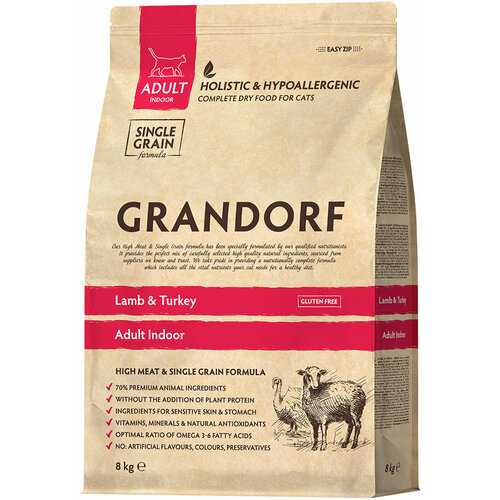 GRANDORF SINGLE GRAIN CAT AD INDOOR LAMB&TURKEY низкозерн для взр кошек живущих дома ягненок индейка 8 кг фото