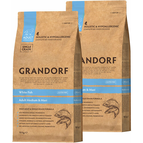 Сухой корм GRANDORF SINGLE GRAIN DOG ADULT MEDIUM & MAXI WHITE FISH низкозерновой для взрослых собак средних и крупных пород с белой рыбой (10+10 кг) фото