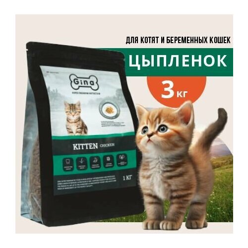 Корм сухой для котят, беременных и кормящих кошек Gina Kitten Chicken, цыпленок, утка, 3 кг фото