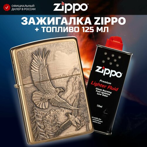 Зажигалка бензиновая ZIPPO 20854 Soaring Eagles + Бензин для зажигалки топливо 125 мл фото