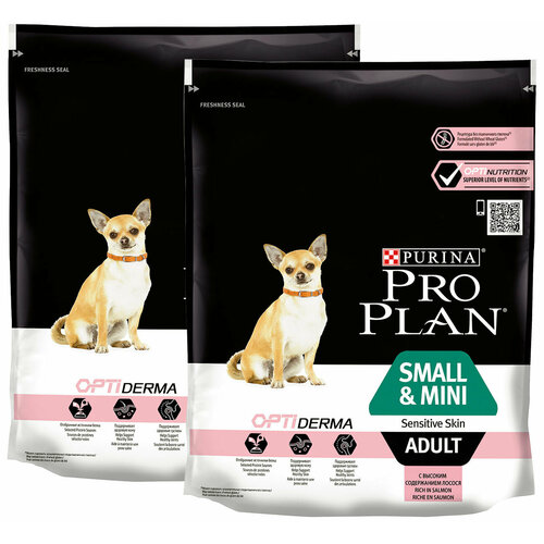 PRO PLAN ADULT DOG SMALL & MINI SENSITIVE SKIN для взрослых собак маленьких пород с чувствительной кожей с лососем и рисом (0,7 + 0,7 кг) фото