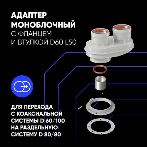 Адаптер моноблочный для перехода на двухтрубную систему 80/80 (Ferroli, Bosch, Buderus, Navien S/C/E, Baxi) с фл. и втулкой D60 L50 фото