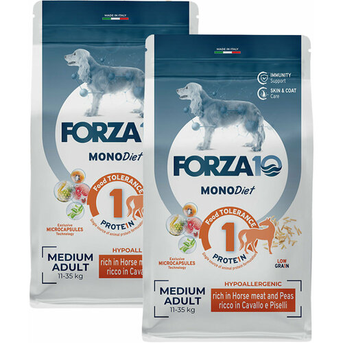 FORZA10 DOG MEDIUM MONODIET LOW GRAIN монобелковый низкозерновой для взрослых собак средних пород при аллергии с кониной и горохом (1,5 + 1,5 кг) фото