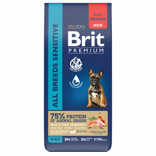 Brit Premium Dog Adult Sensitive сухой корм для взрослых собак всех пород с чувствительным пищеварением, с индейкой и лососем - 15 кг фото