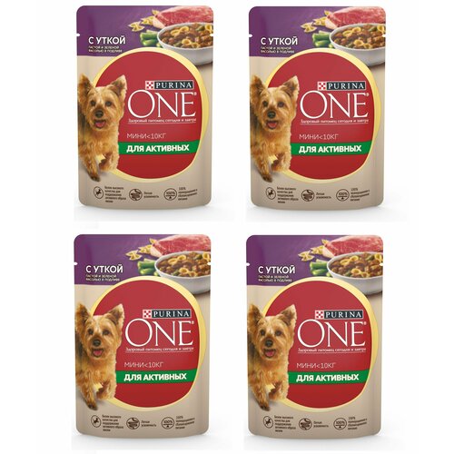 Влажный корм Purina ONE мини для активных, для собак мелких пород, с уткой, пастой и зеленой фасолью в подливе 85 гр 4 шт фото