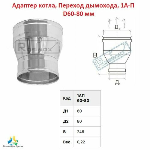 Адаптер котла, Переход дымохода, 1А-П D60-80 мм (моно) фото