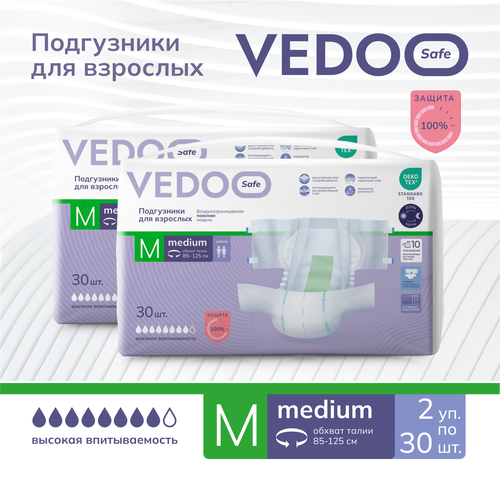 Подгузники для взрослых VEDOO Safe, размер М, 60 штук, для средней и тяжелой степени недержания, одноразовые дышащие впитывающие памперсы с индикатором влаги для лежачих больных, ночные (дневные) фото