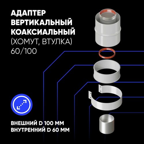 Адаптер вертикальный коаксиальный 60/100 (Baxi(кроме ECO Nova/Classic), Ariston, Kiturami, Arderia и др.) хомут+втулка фото