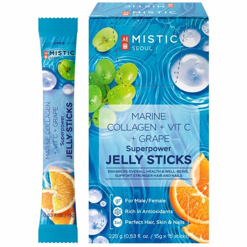 MISTIC MARINE COLLAGEN + VIT C + GRAPE SUPERPOWER JELLY STICKS, 15pcs*15g/box cуперпауэр коллагеновые желейные палочки со вкусом винограда И С витамин фото