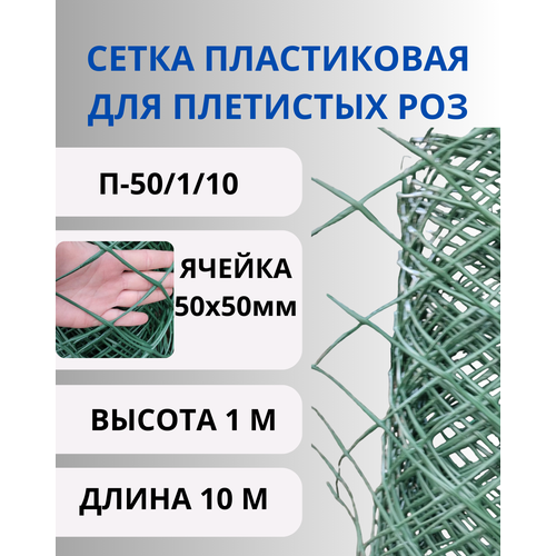 Сетка садовая пластиковая для плетистых роз 50х50мм, рулон 1х10 метров (Хаки) фото