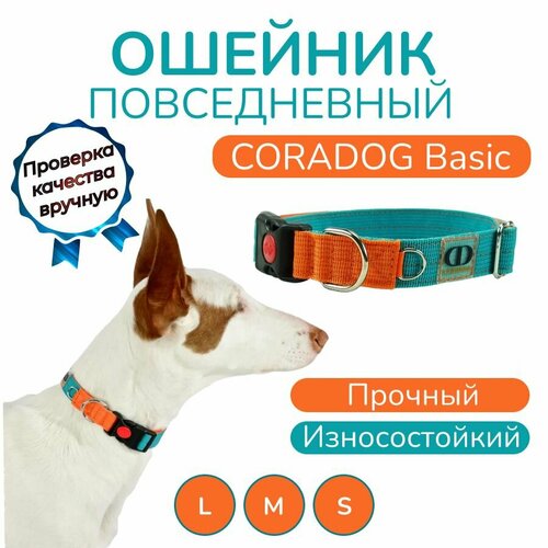 Ошейник повседневный, CORADOG Basic, для средних и крупных собак, бирюзовый оранжевый, размер M 35-46 см фото