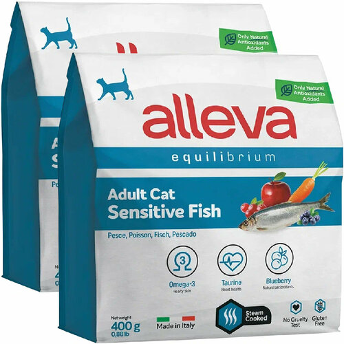 ALLEVA EQUILIBRIUM ADULT CAT SENSITIVE FISH для взрослых кошек с чувствительным пищеварением с рыбой (0,4 + 0,4 кг) фото