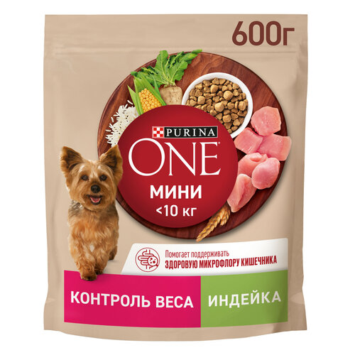 Сухой корм Purina ONE МИНИ Здоровый вес для собак мелких пород, склонных к набору веса с  индейкой и с рисом 600г фото