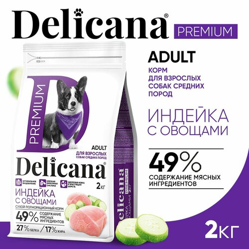 DELICANA Корм сухой для собак средних пород Индейка с овощами 2 кг фото