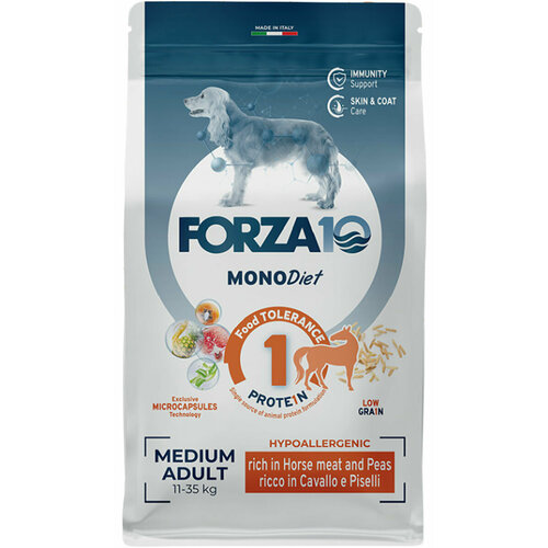 FORZA10 DOG MEDIUM MONODIET LOW GRAIN монобелковый низкозерновой для взрослых собак средних пород при аллергии с кониной и горохом (1,5 кг х 6 шт) фото