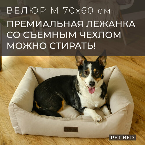 Лежанка для собак средних пород со съемным чехлом PET BED Велюр, размер M 70х60 см, бежевая фото