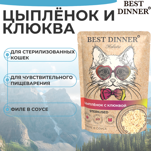 Влажный корм BEST DINNER 70гр для стерилизованных кошек Holistic цыпленок с клюквой в соусе (пауч) фото