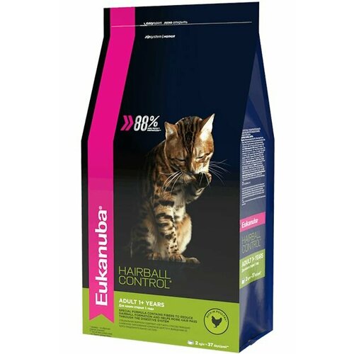 EUKANUBA ADULT HAIRBALL INDOOR 2кг сухой корм для взрослых кошек живущих в помещении и способствующий выведению шерсти с домашней птицей 5шт фото