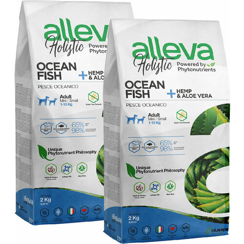 ALLEVA HOLISTIC ADULT DOG MINI OCEAN FISH беззерновой для взрослых собак маленьких пород с океанической рыбой, коноплей и алоэ вера (2 + 2 кг) фото