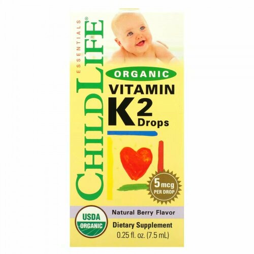 ChildLife Organic Vitamin K-2 (органический витамин K2 в каплях) натуральный ягодный вкус 5 мкг 7,5 мл фото