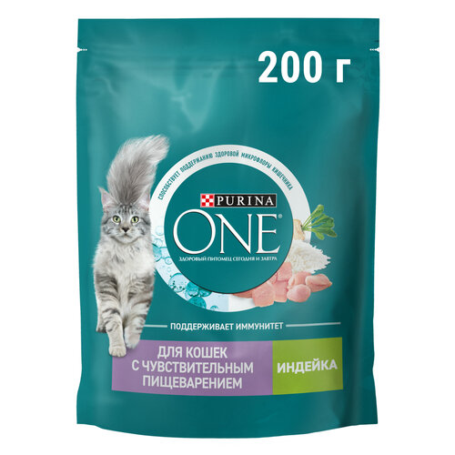 Сухой корм Purina ONE® для взрослых кошек с чувствительным пищеварением и разборчивым вкусом в еде с индейкой 200 г фото