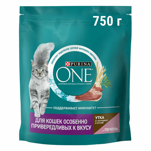 Сухой корм Purina ONE® полнорационный для кошек особенно привередливых к вкусу с высоким содержанием утки и c печенью, 750 г фото