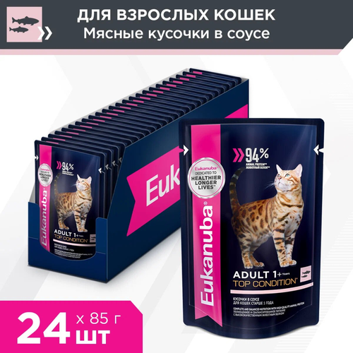 Влажный корм для кошек Eukanuba Top Condition, для здоровья кожи и блеска шерсти, с лососем 24 шт. х 85 г (кусочки в соусе) фото