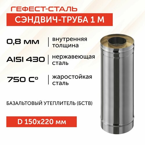 Сэндвич-труба для дымохода 1,0м, 150х220, AISI 430/430, 0,8 мм/0,5 мм, (К) фото