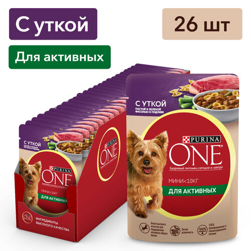 Влажный корм для собак Purina ONE Мини Активная для мелких пород с уткой, пастой и зеленой фасолью в подливе 85 г x 26 шт фото