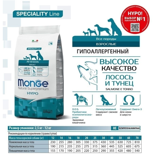 Сухой корм для собак Monge Dog Speciality Hypoallergenic гипоаллергенный лосось с тунцом 12кг фото