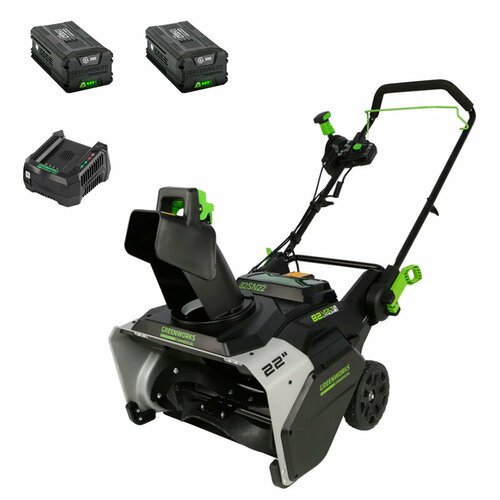 Снегоуборщик аккумуляторный Greenworks GD82STK5II 82V, ширина 56 см, высота захвата 33 см, комплект 2 АКБ 5 Ач + быстрое ЗУ, бесщеточный фото