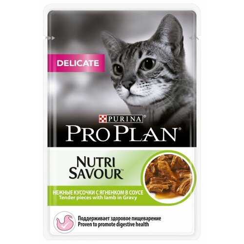 Влажный корм для кошек Pro Plan Nutrisavour Delicate, при чувствительном пищеварении или с особыми предпочтениями в еде,с ягненком 48 шт. х 85 г (кусочки в соусе) фото