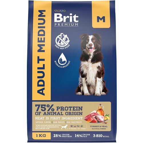 Корм сухой Brit Premium Dog Adult Medium для взрослых собак средних пород 10–25 кг, с индейкой и телятиной 1 кг фото