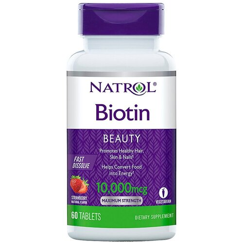 Natrol Biotin Fast Dissolve таб., 10000 мкг, 60 шт., клубника фото