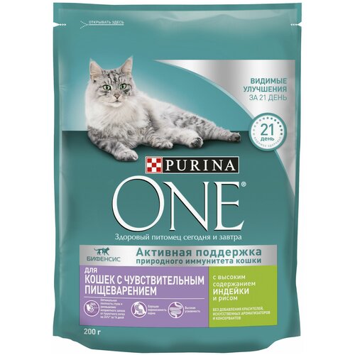 Сухой корм Purina ONE для взрослых кошек с чувствительным пищеварением и разборчивым вкусом в еде, с высоким содержанием индейки и рисом 200 г х 1 шт фото