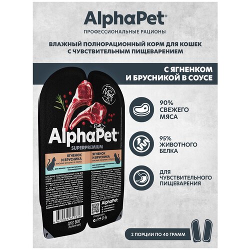 Влажный корм для кошек с чувств. пищеварением AlphaPet Superpremium Ягненок и брусника мясные кусочки в соусе 80г (Упаковка - 15 блистеров) фото