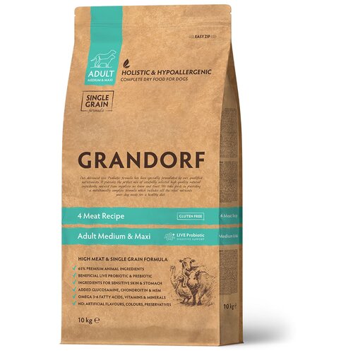 Grandorf Dog 4 Meat&Rice Probiotic Adult Medium & Maxi корм для собак средних и крупных пород 4 мяса с пробиотиками, 10 кг фото